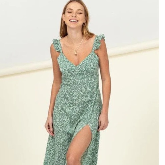 HYFVE Green Midi Floral Dress Side Slit V-Neck Open Cutout Back NWT - Picture 3 of 9